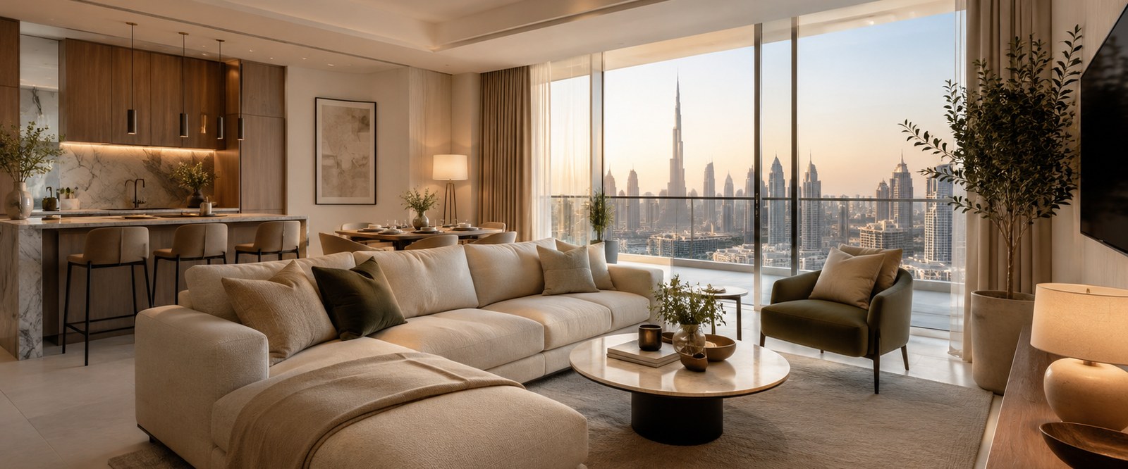 Furnished Dubai apartment living room with kitchen and dining area, and Burj Khalifa view at sunset