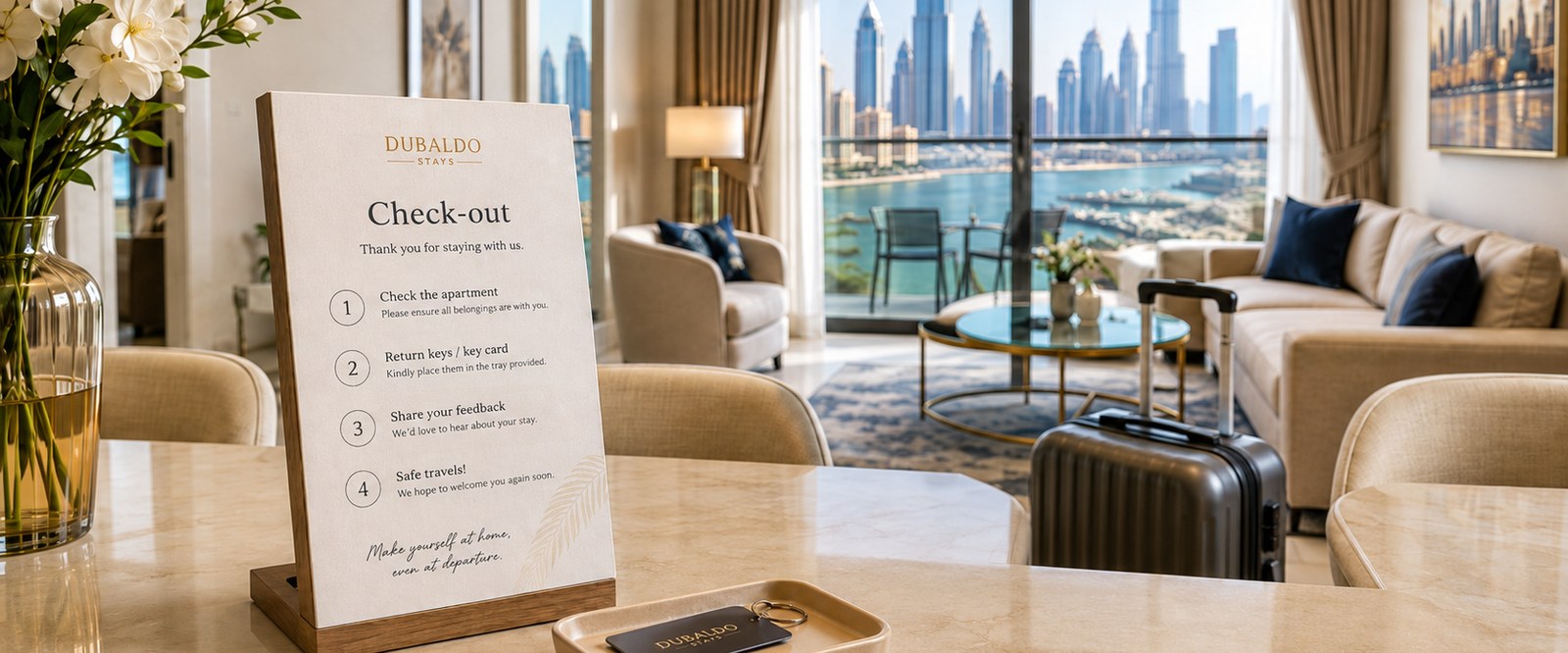 Check-out instruction card, key tray and packed suitcase in an apartment living room, with Dubai Marina in the background