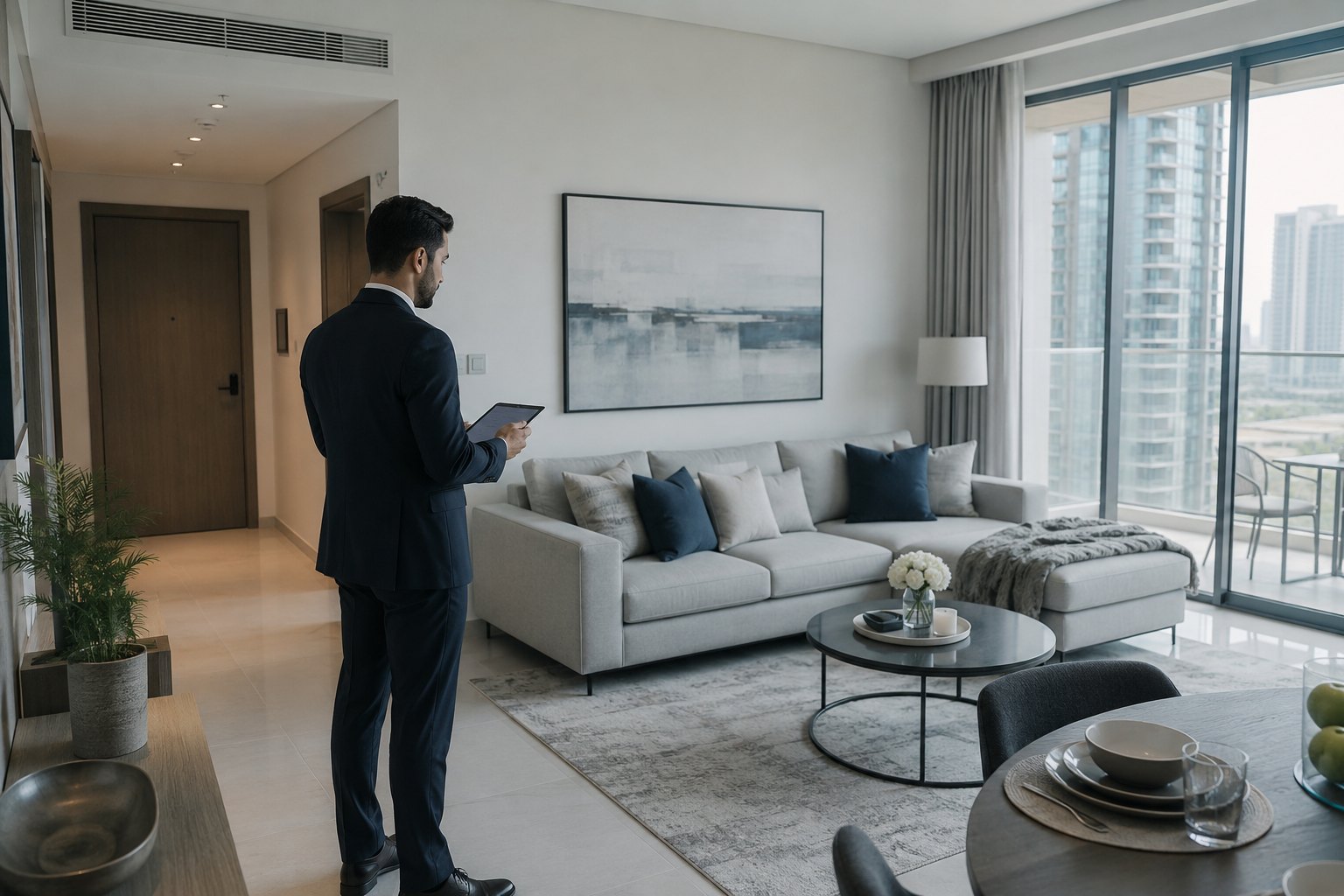 A Dubaldo Stays assessor reviewing a furnished Dubai apartment living room