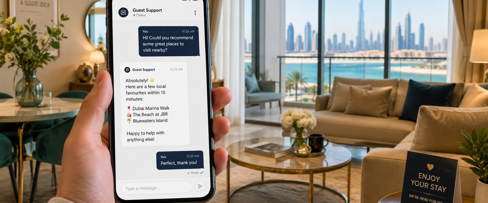 Professionally managed Dubai apartment interior with a Dubai Marina view