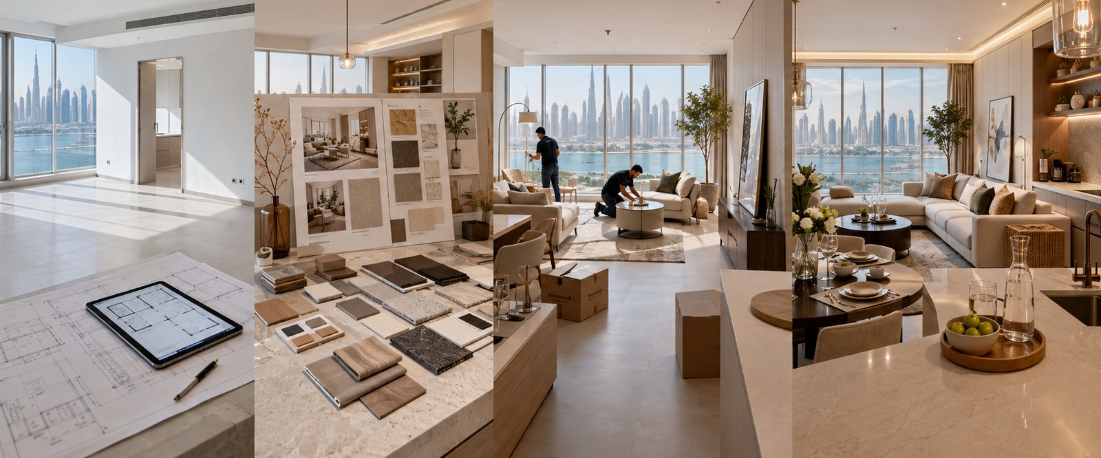 Four-panel sequence showing an empty Dubai apartment, a furnishing mood board and material samples, installation in progress, and the finished furnished living and dining area