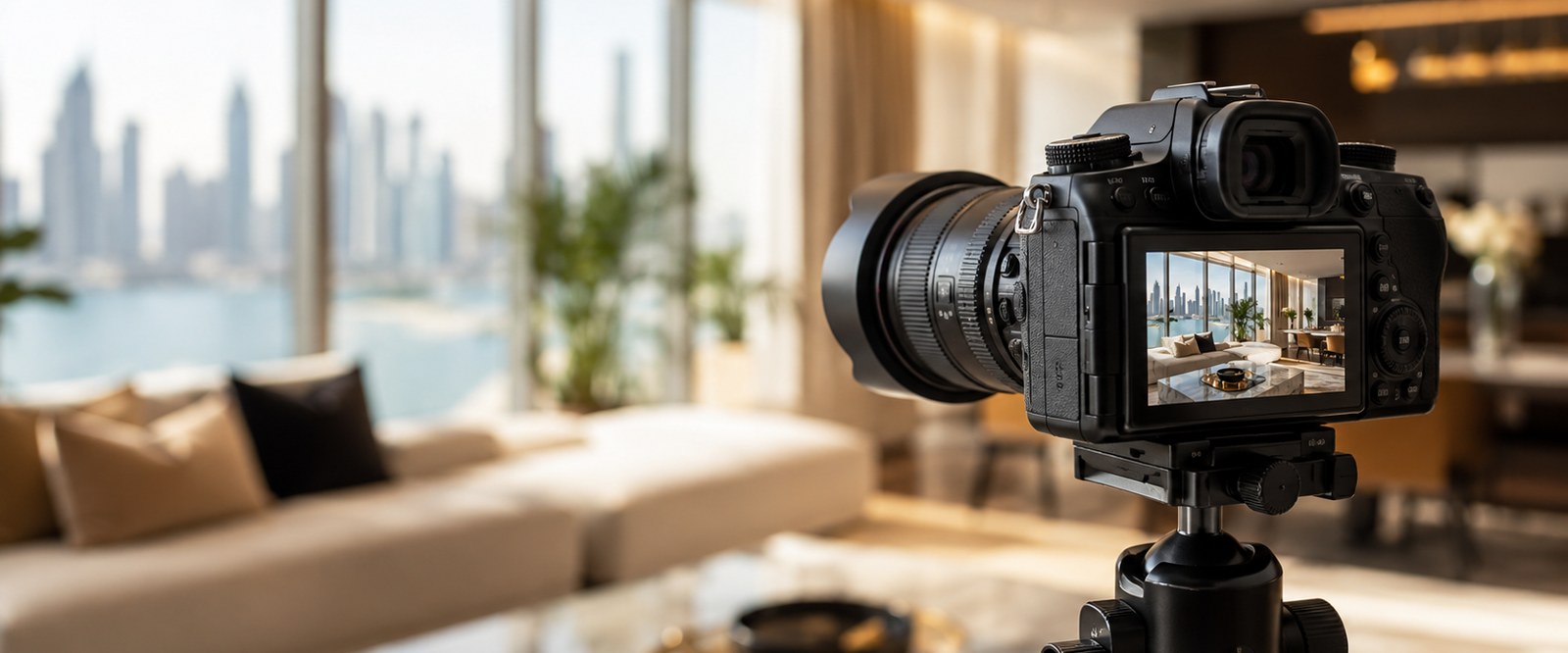 Camera on a tripod photographing a furnished apartment living and dining area, with Dubai Marina in the background